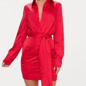 Red Ruched Front Shirt Dress - US 8